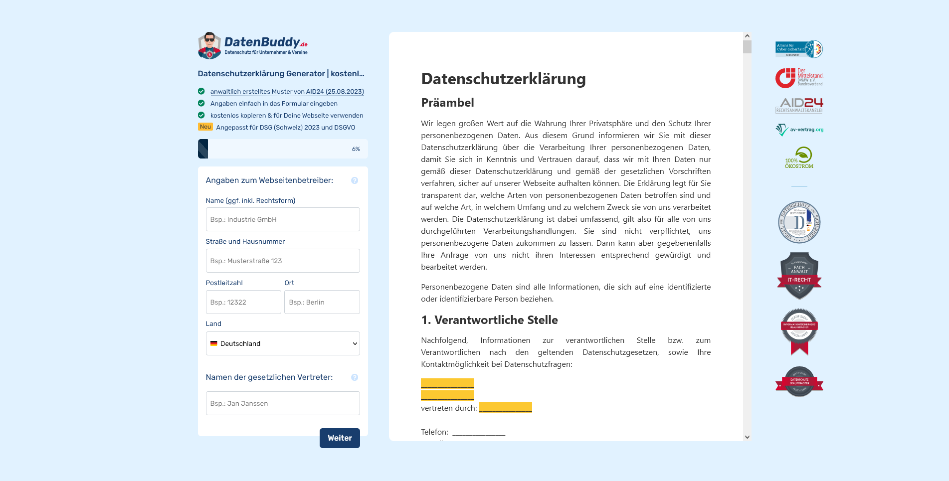Datenschutzerklärung Generator nach Schweizer Recht | kostenlos